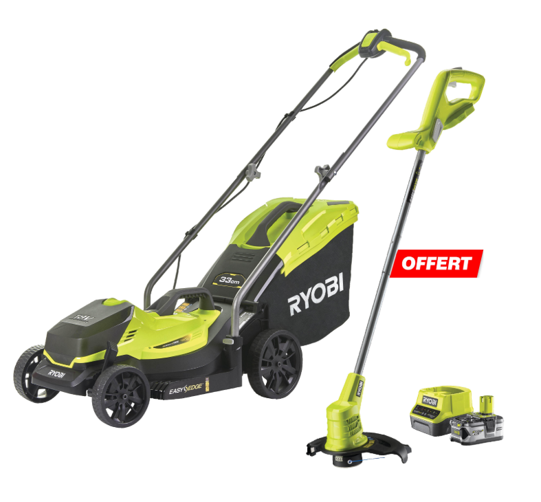 Pack tondeuse Ryobi 18V, l.33cm + coupe-bordure + batterie 4Ah + chargeur de batterie (Vendeur Tiers)