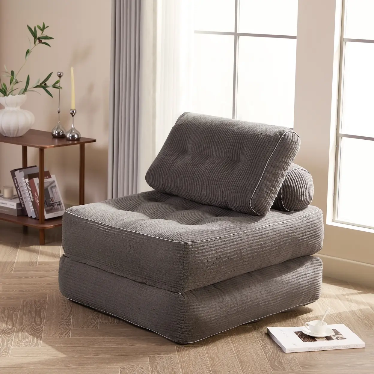 Canapé-lit pliant 4-en-1 en velours côtelé - 85P x 89l x 43H, gris, noir et blanc