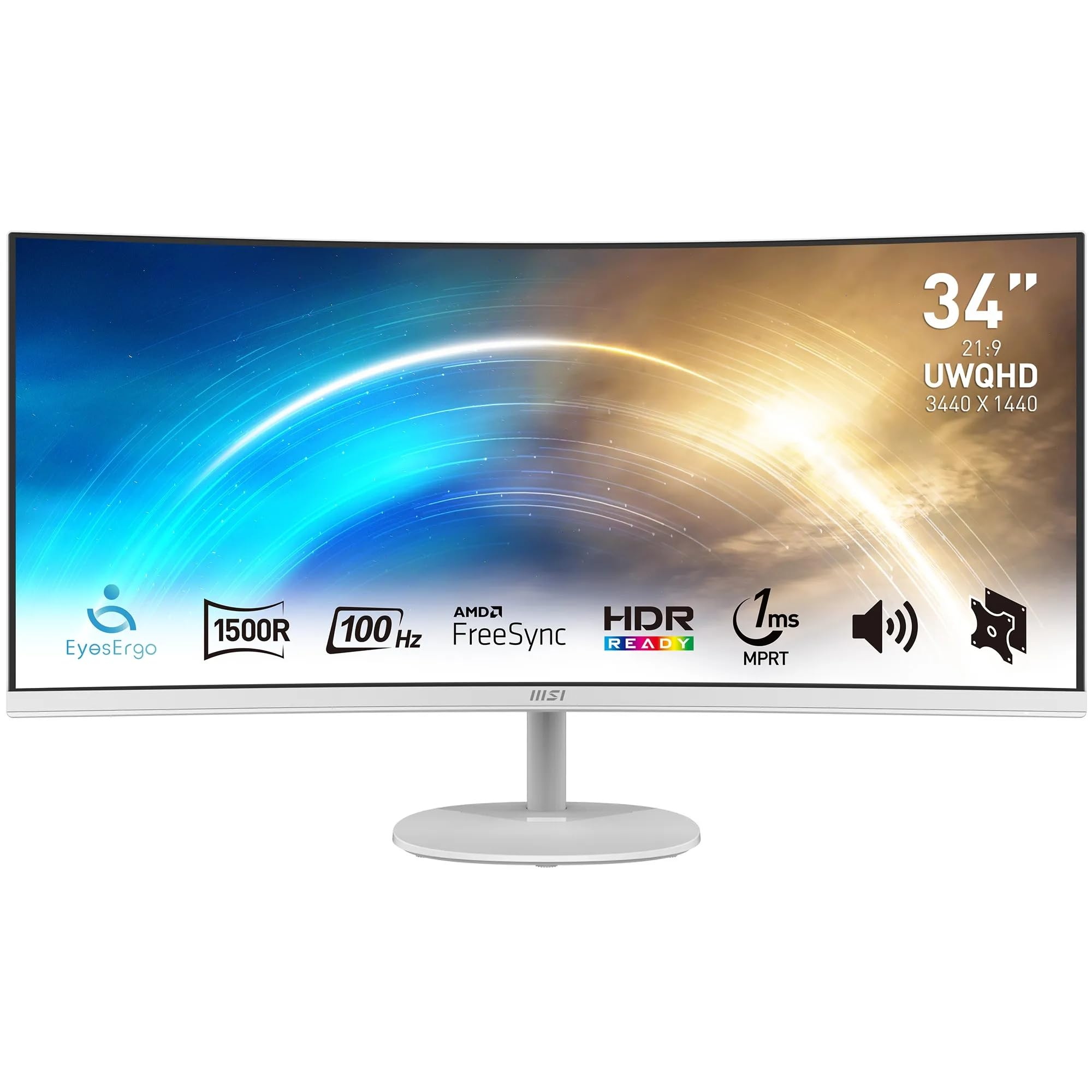 Ecran PC Incurvé 34" MSI PRO MP341CQW - UWQHD, 3440x1440, 1500R, Rafraîchissement 100Hz, Réponse 1 ms MPRT, DP, HDMi