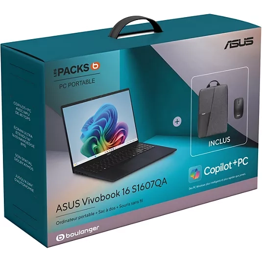 PC portable 16" ASUS Vivobook 16 - Snapdragon X, 8 Go RAM LPDDR5x, SSD 256 Go, Win 11, sans chargeur + Sac de transport & Souris inclus