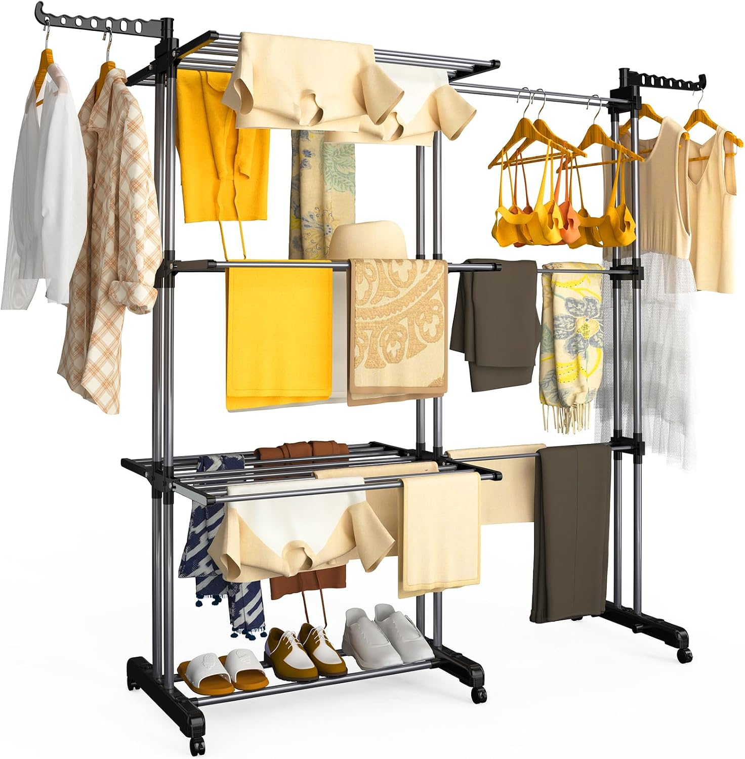 Étendoir à Linge Extensible Vounot - à 4 Niveaux, 190x64x170cm, Séchoir Vertical Pliable, Noir & Gris