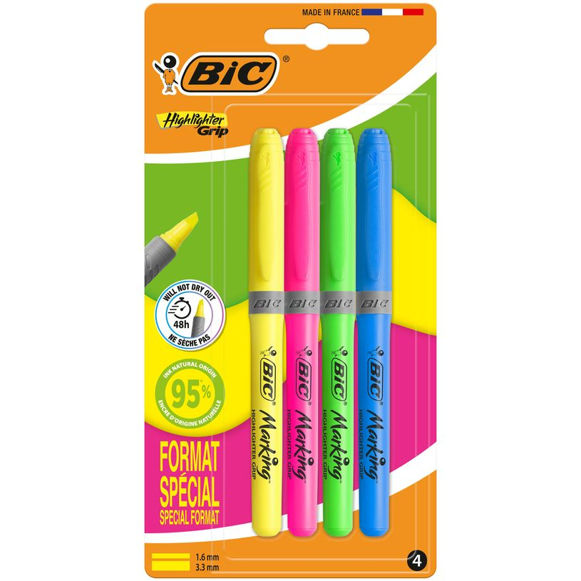 Blister de 4 surligneurs Highlighter Grip Bic - couleurs assorties