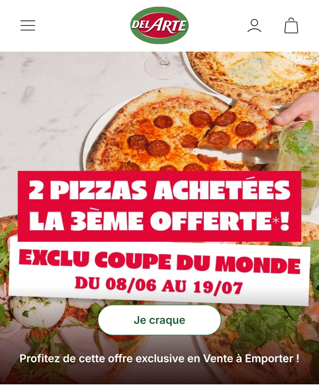 2 pizzas achetées, la troisième offerte uniquement en vente à Emporter