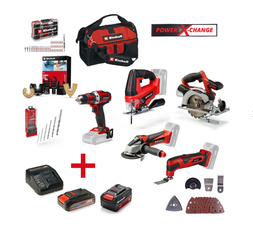 Pack 5 outils Einhell : Meuleuse d'angle + Perceuse visseuse + Scie circulaire + Scie sauteuse + Outil multifonctions