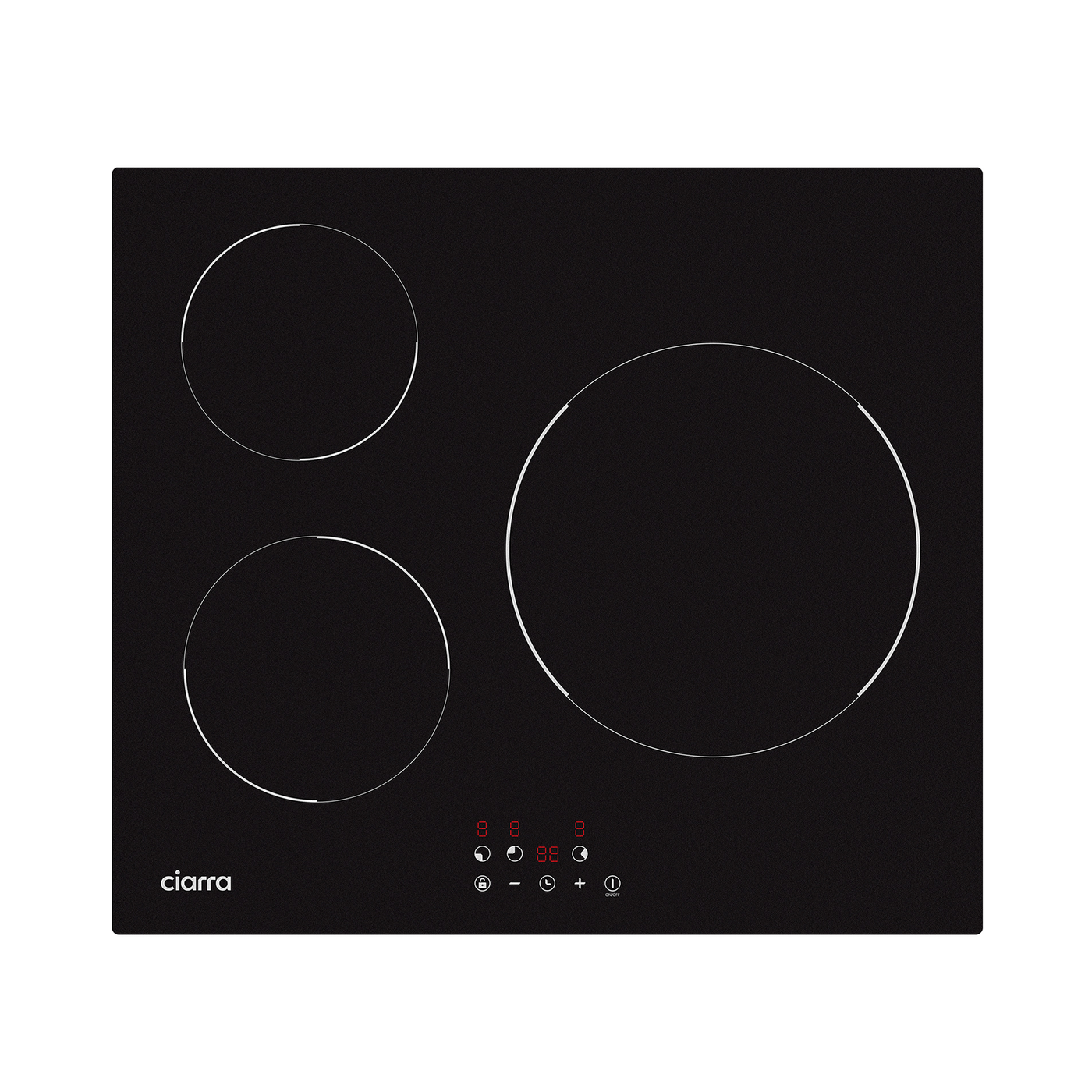 Table de cuisson à induction Ciarra - 5600 W avec 3 zones de cuisson, 9 niveaux de puissance, Commande tactile et fonctions de sécurité