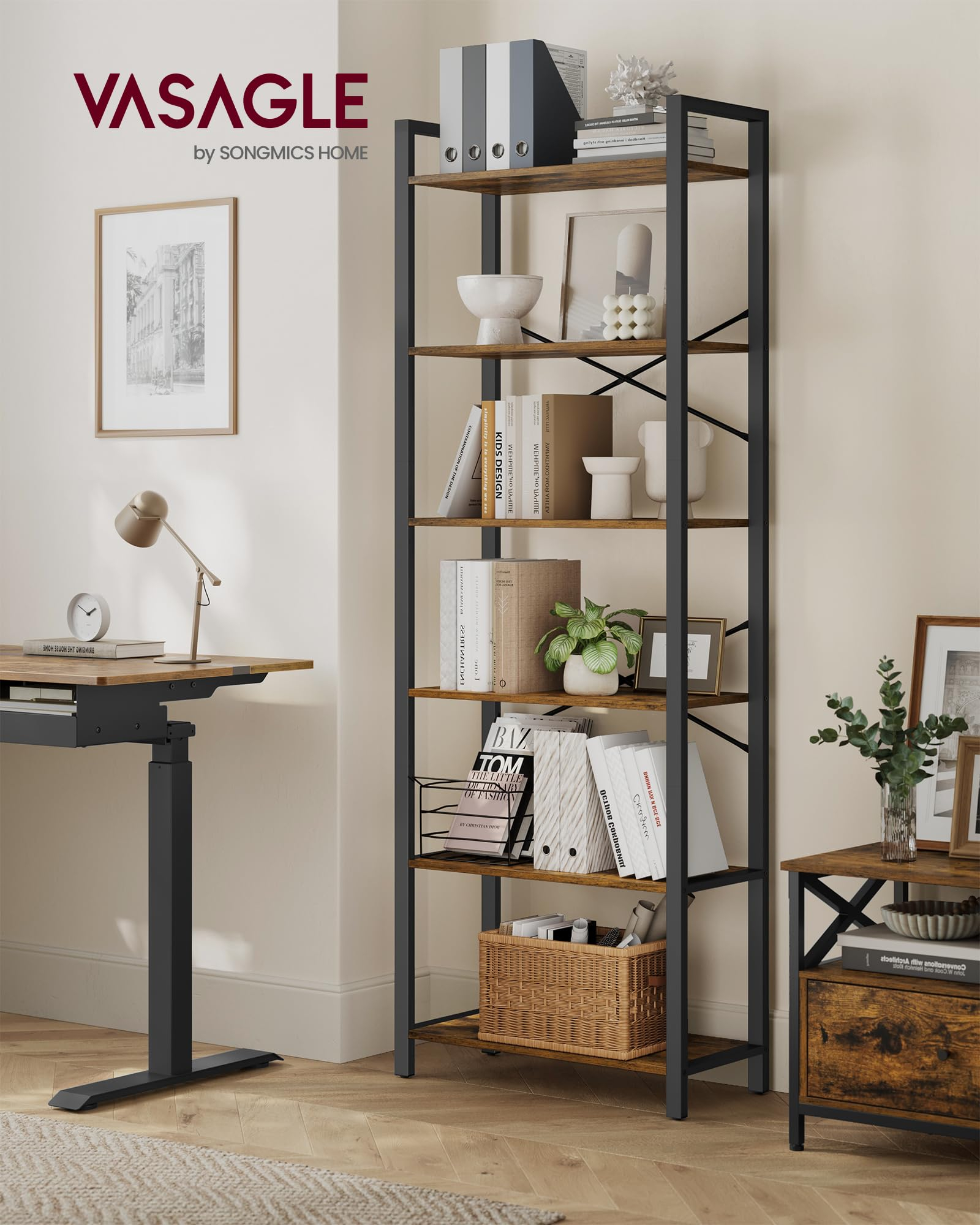 Étagère 6 Niveaux Vasagle 30 x 66 x 186 cm, Style Industriel, Marron Rustique et Noir d'Encre