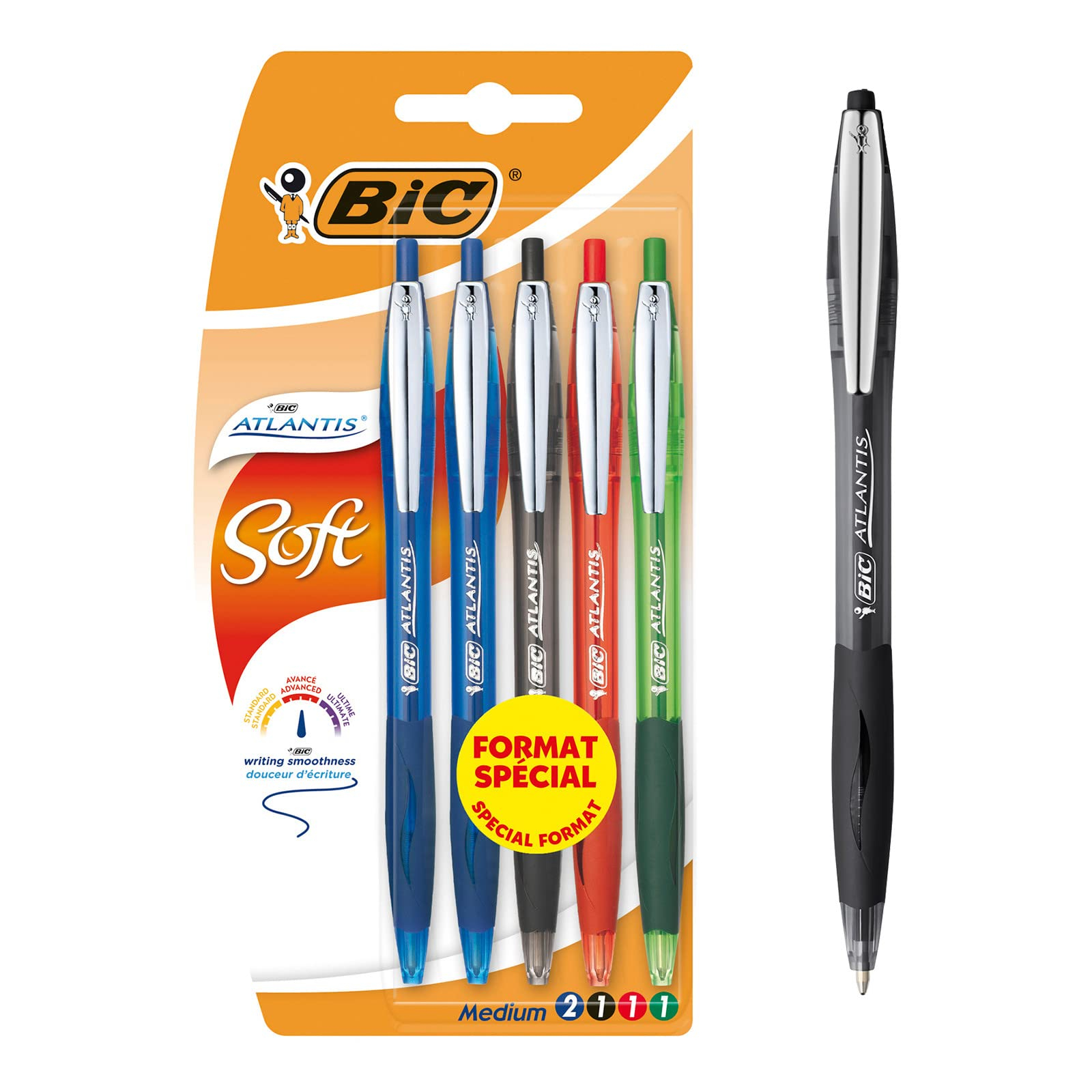Lot de 5 Stylos-Bille Rétractables BIC Atlantis Soft Pointe Moyenne (1,0 mm)