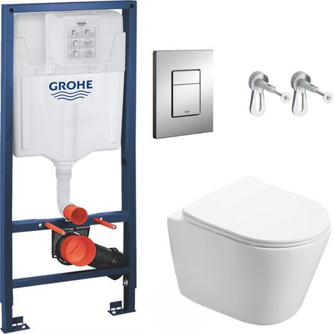 Pack WC Bâti-support Grohe + WC Swiss Aqua Technologies Infinitio sans bride, fixation invisible + Plaque chrome