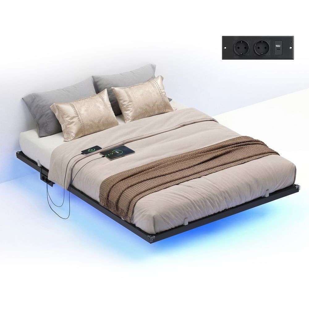 Lit Flottant avec LED - Station de charge amovible 2 Prises + 1 Port USB - Jusqu'à 500 kg - 140 x 190 cm - Noir