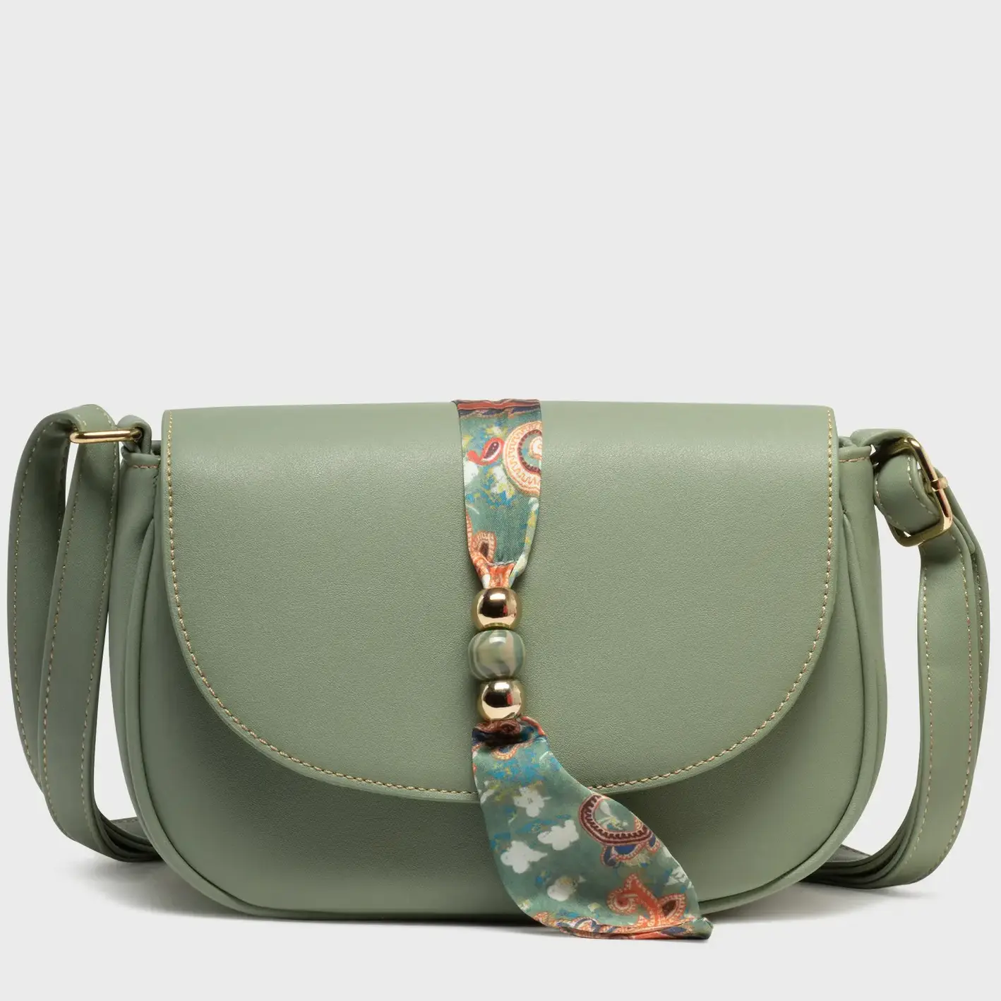 Sac Besace Demi-Lune à Détail Foulard - Vert Clair ou Beige Clair