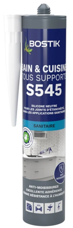 Cartouche de 300ml de Silicone Neutre Salle de Bain & Cuisine Bostik S545 - Anti-Moisissure, Blanc (Pér: 31/08/2028)