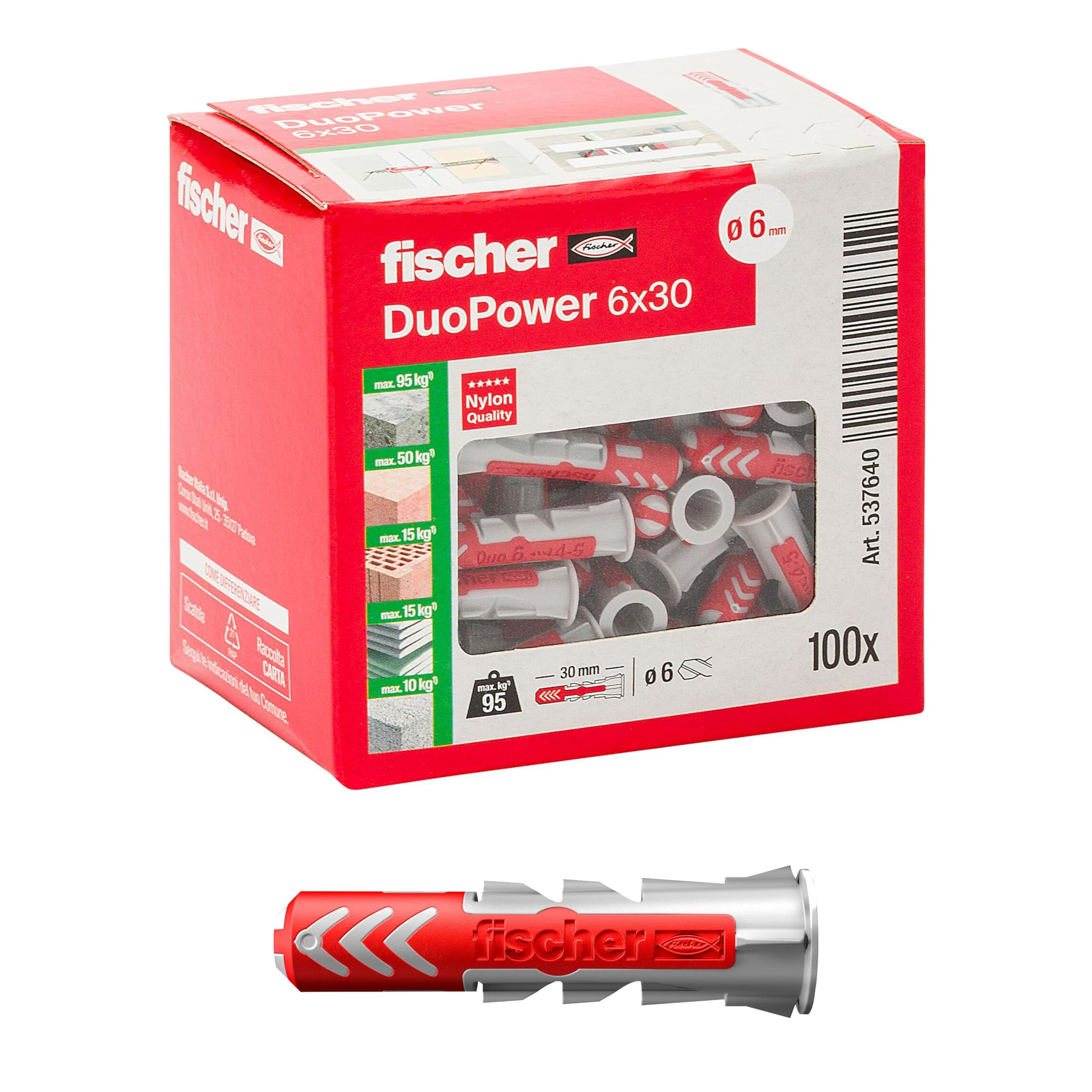 Lot de 100 chevilles Fischer DuoPower - 6 x 30 mm, pour mur plein, brique perforée, cloison sèche, 537640