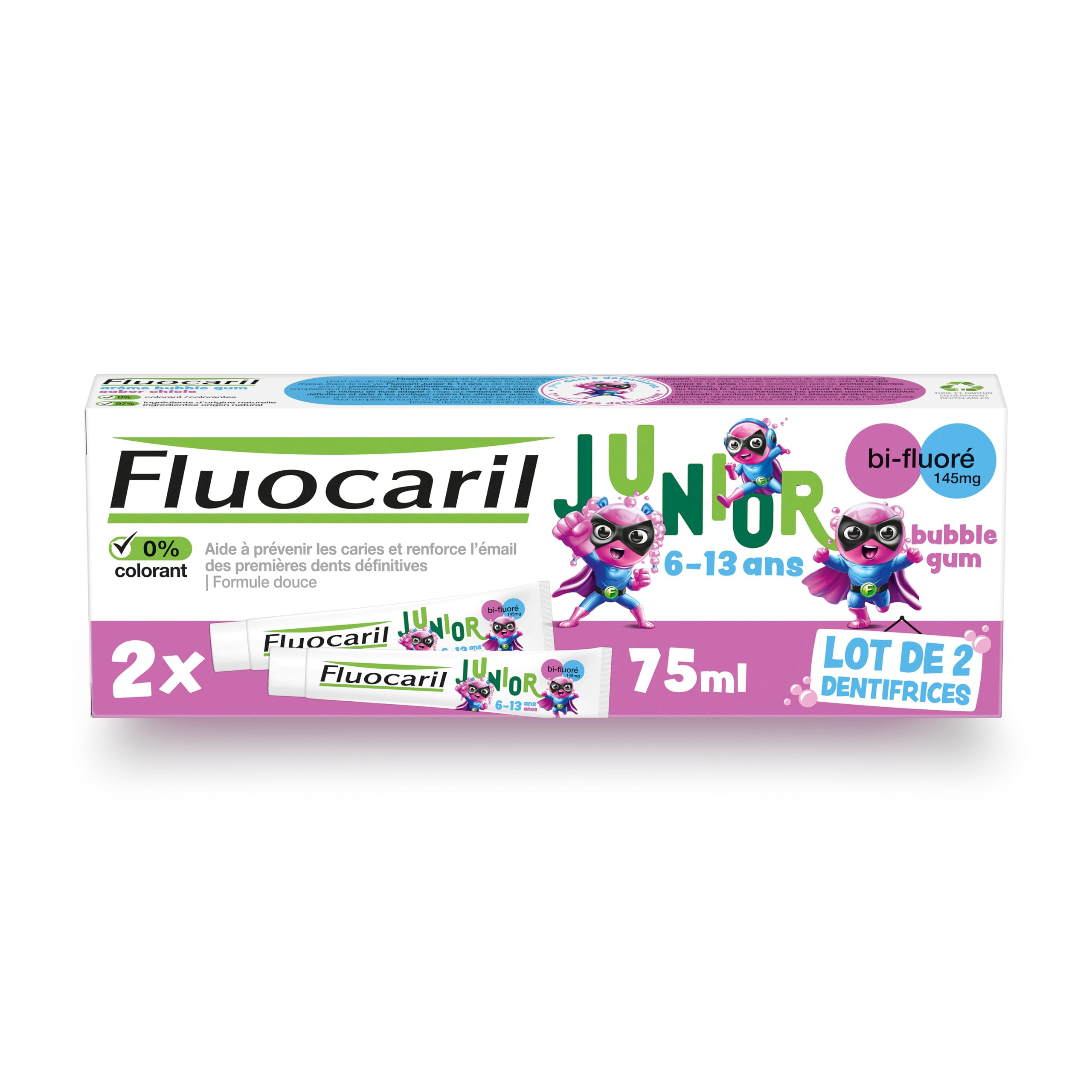 Dentifrice Enfant Fluocaril - 6‑13 ans, Bubble Gum, Bi‑Fluoré 2x75 ml