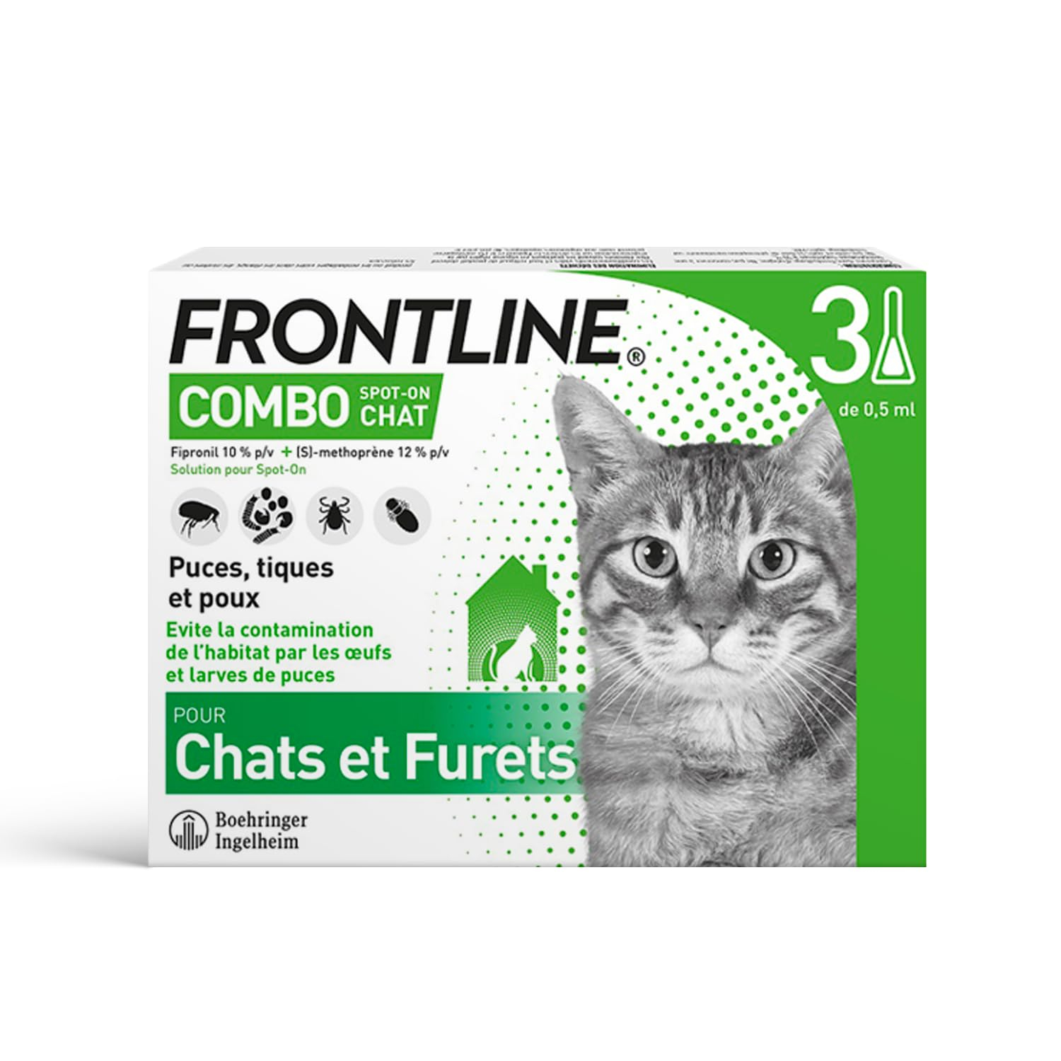 Lot de 3 Pipettes Application Spot On Frontline Combo Chat - Anti Puces, Tiques & Poux, Jusqu'à 4 Semaines