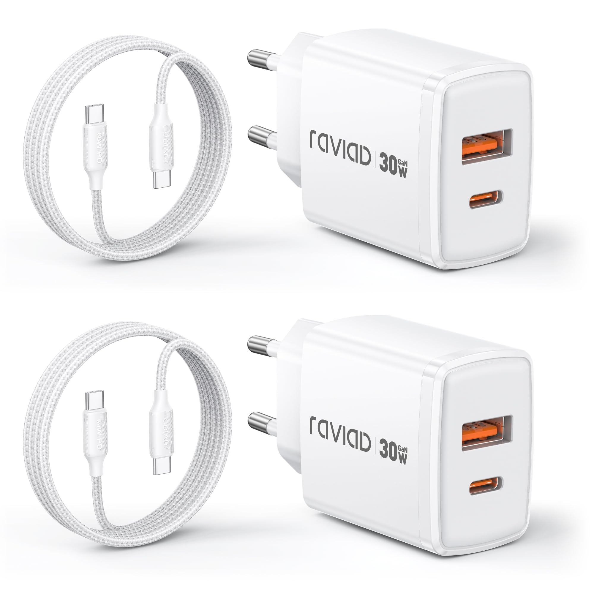 Lot de 2 chargeurs rapides Raviad 30W USB C avec câble 2M (via coupon - vendeur tiers)