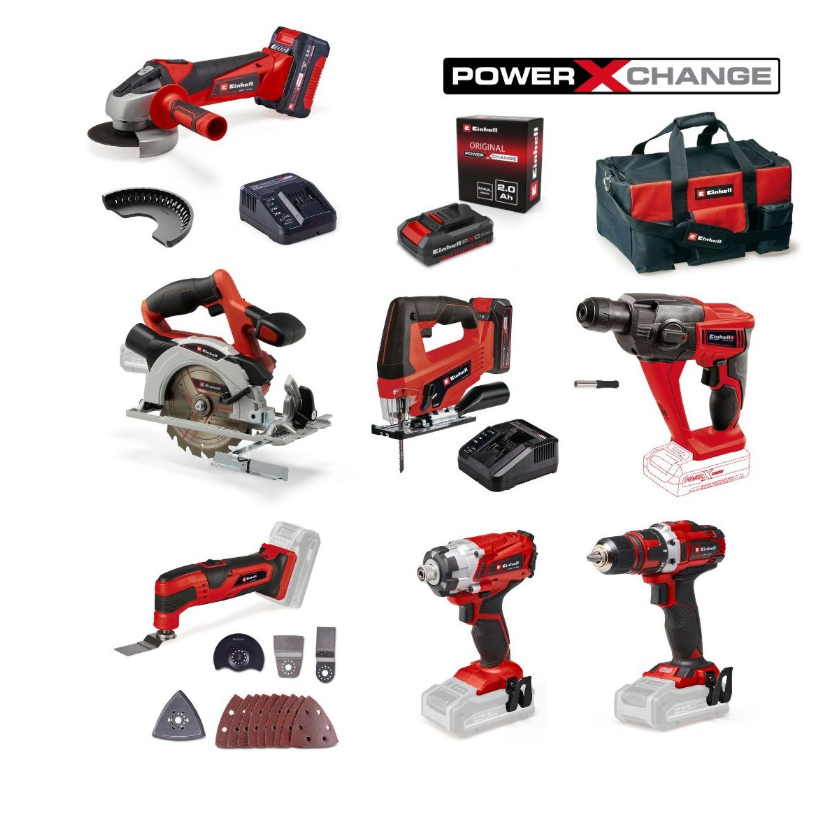 Pack 7 Outils Einhell - Perceuse + Marteau perforateur + Meuleuse + 2 scies + Visseuse + Outil multifonctions + accessoires