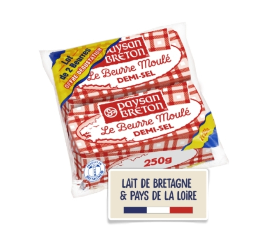 Lot de 4 plaquettes de Beurre demi-sel ou doux Paysan Breton - Origine France, 4 x 250G