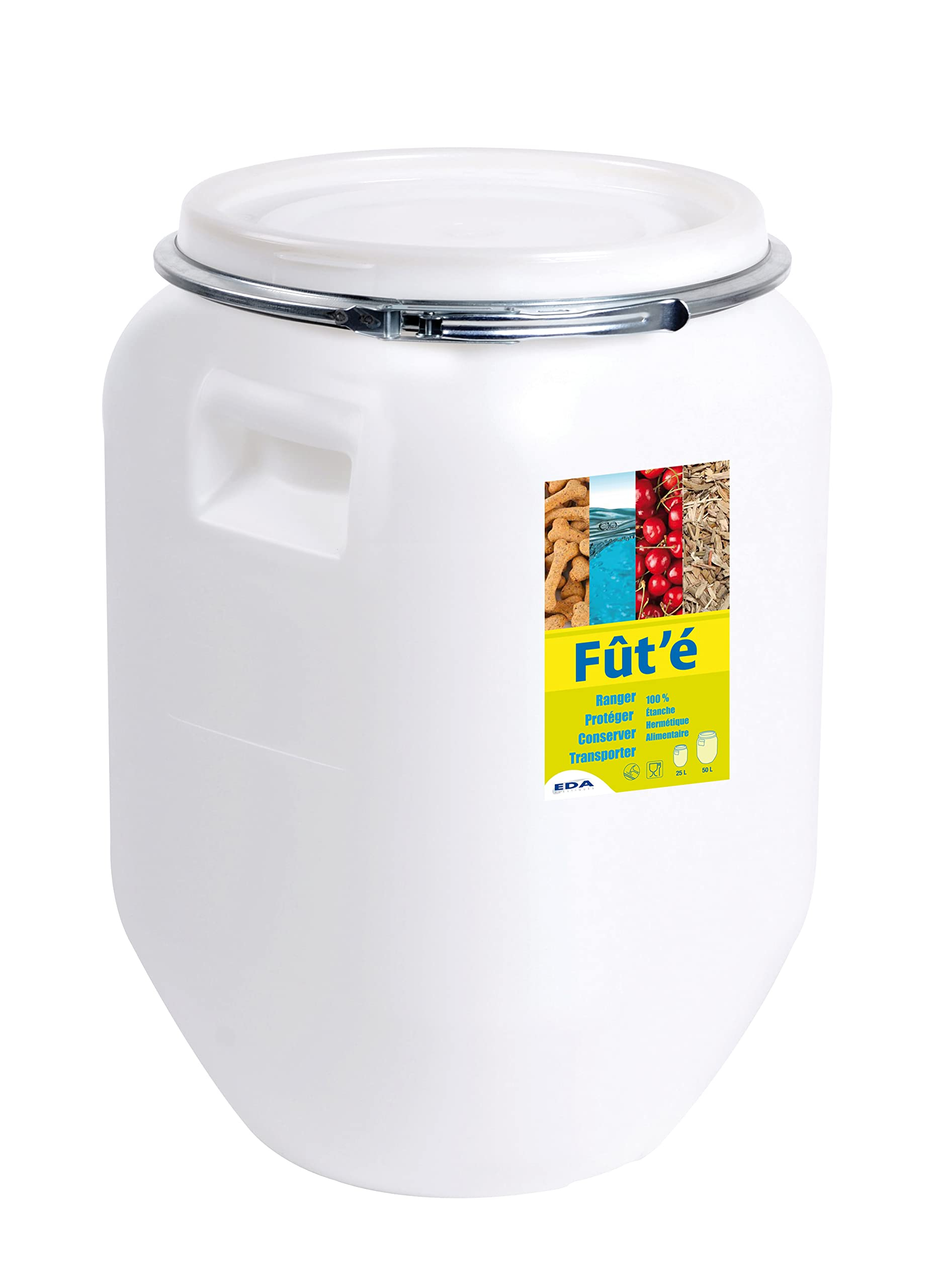 Fût Multi-Usages Eda - 25 L, Conservation Alimentaire, 100% Étanche et Hermétique, Cerclage Métallique Sécurisé, Blanc