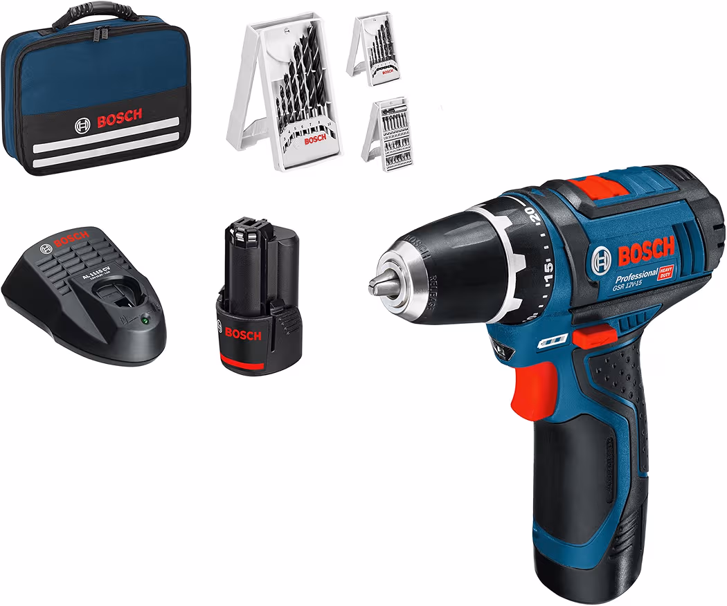 Perceuse-visseuse sans-fil Bosch GSR 12V-15, livré avec 2 batteries 2,0 Ah + chargeur, set d'accessoires 39 pièces et sac