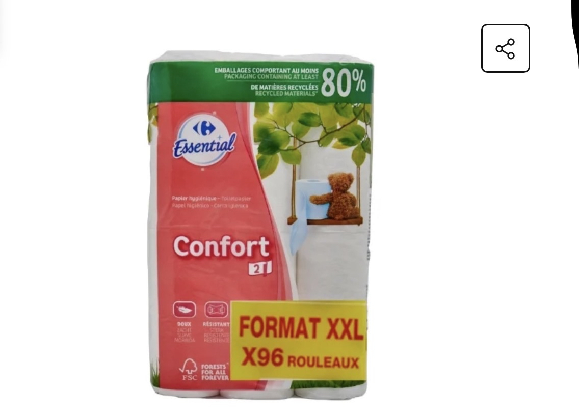 Lot de 96 rouleaux de papier toilette Carrefour Essential (0,19€ unité)