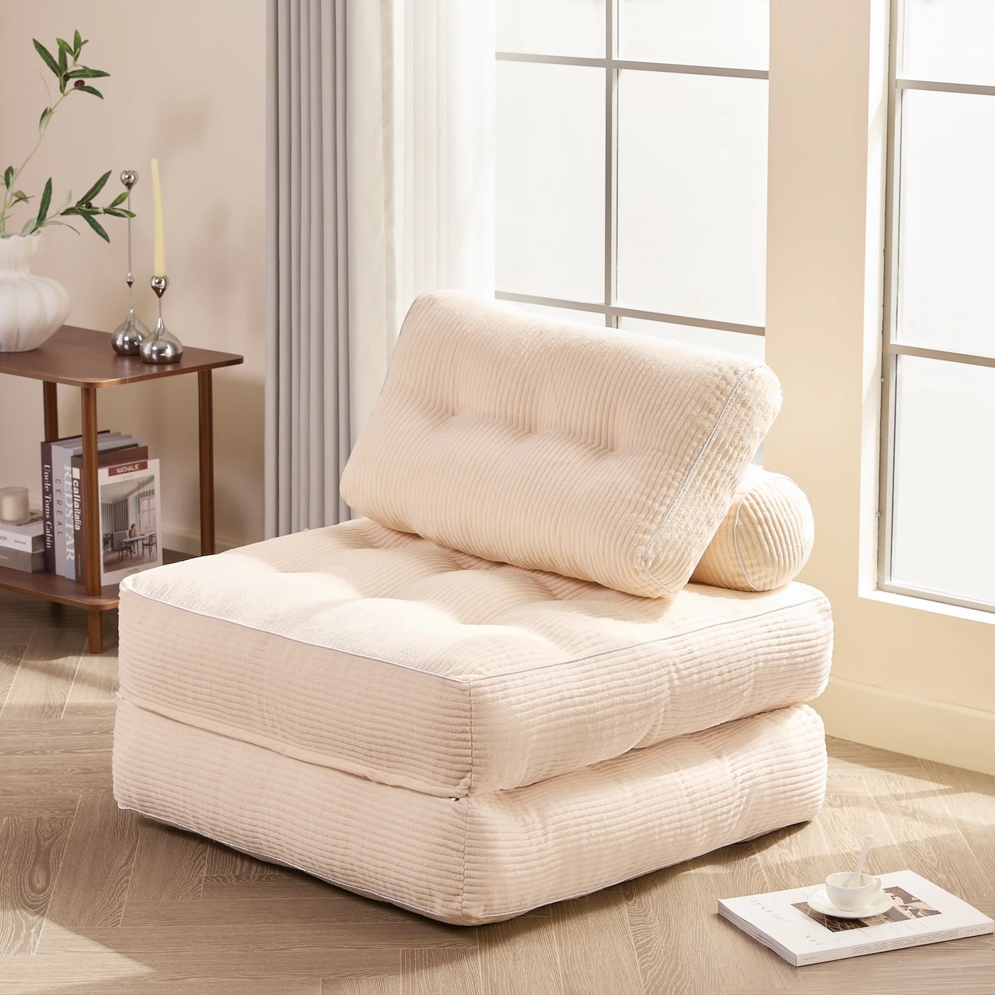 Chauffeuse compacte 4-en-1 - 85 x 89 x 43 cm, Pliable, Velours côtelé, Blanc ou Noir