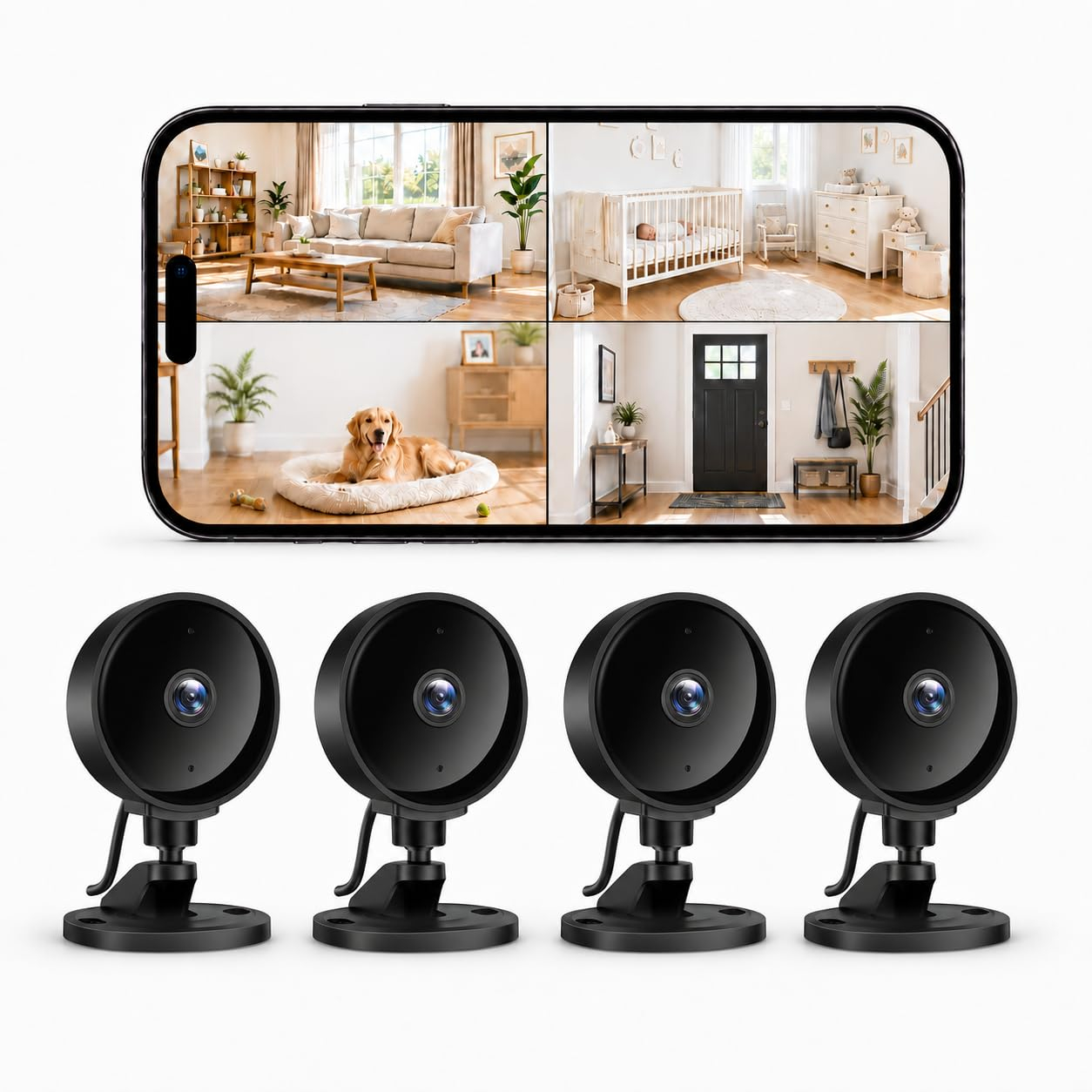 Lot de 4 Caméras Intérieure sans fil Wolfang - 1080P, Alexa et Google Home, Wifi,Vision Nocturne, Détection de Mouvement
