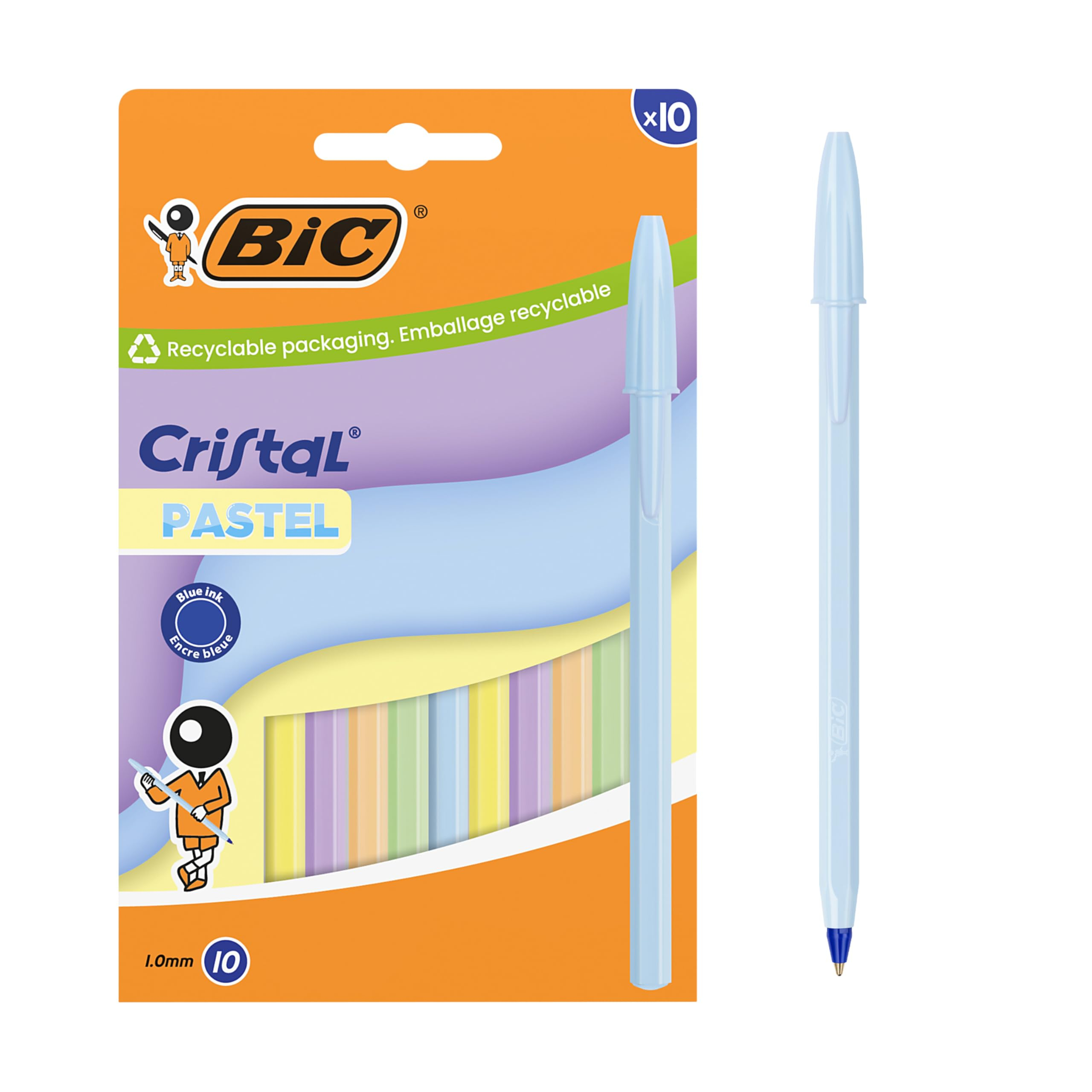Pack de 10 Stylos bille BIC Cristal Pastel - Pointe Moyenne, Encre bleue rechargeable