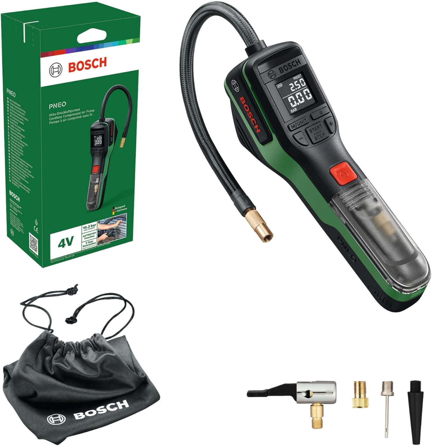 Pompe à Air sans fil Bosch PNEO - Batterie 4V 3 Ah, avec Adaptateurs & Sac en Tissu
