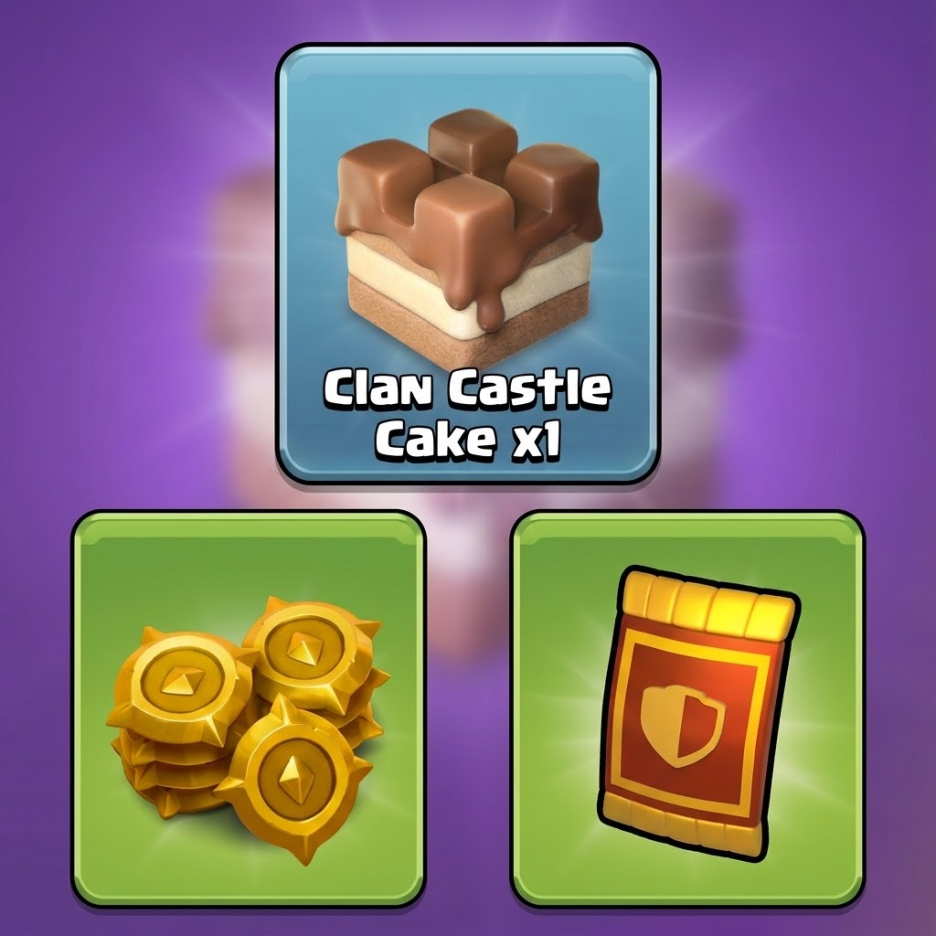 1 Gâteau Château de Clan, 1 Pack de Cartes et 100 Medailles de Quête offerts sur Clash Of Clans (Dématérialisé)