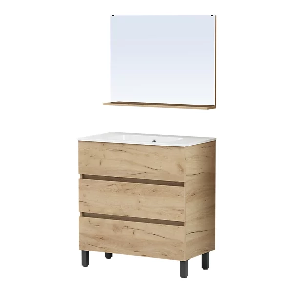 Ensemble meuble sous vasque l.80 cm Teide 80 cm (effet chêne, 3 Tiroirs) + vasque résine + miroir