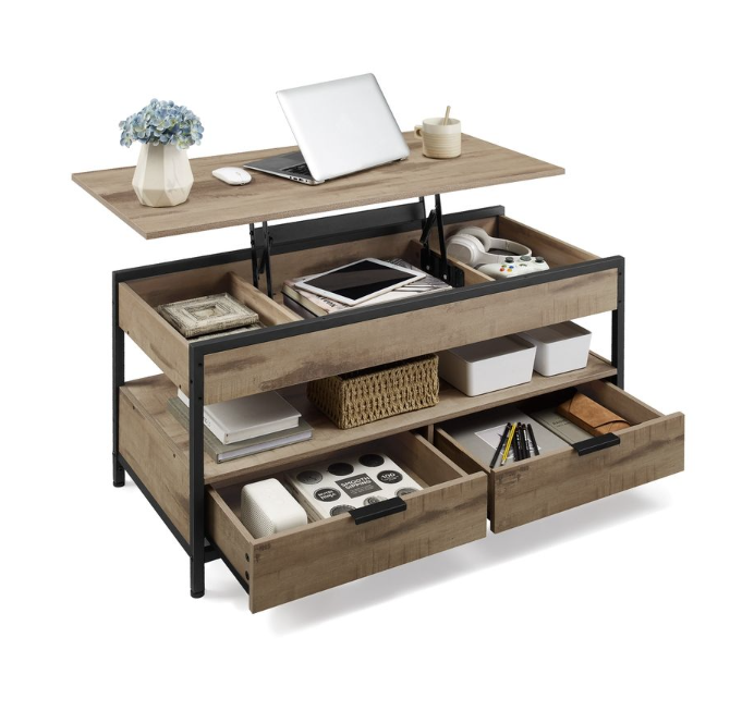 Table Basse Songmics, gris anthracite - plateau relevable 100 cm, 2 tiroirs, 3 compartiments cachés, cadre acier, style industriel