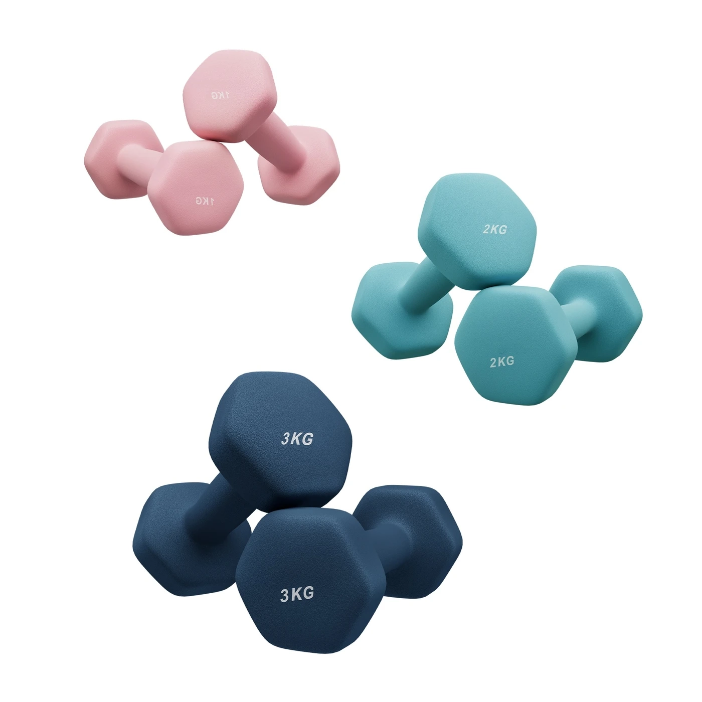 Ensemble d’haltères hexagonaux avec support – 3 paires : 1 kg, 2 kg, 3 kg, Revêtement néoprène mat – Haltères pour exercice à domicile