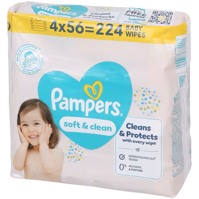 Lot de 4 paquets de Lingettes pour bébé Pampers Soft & Clean - 56 pièces