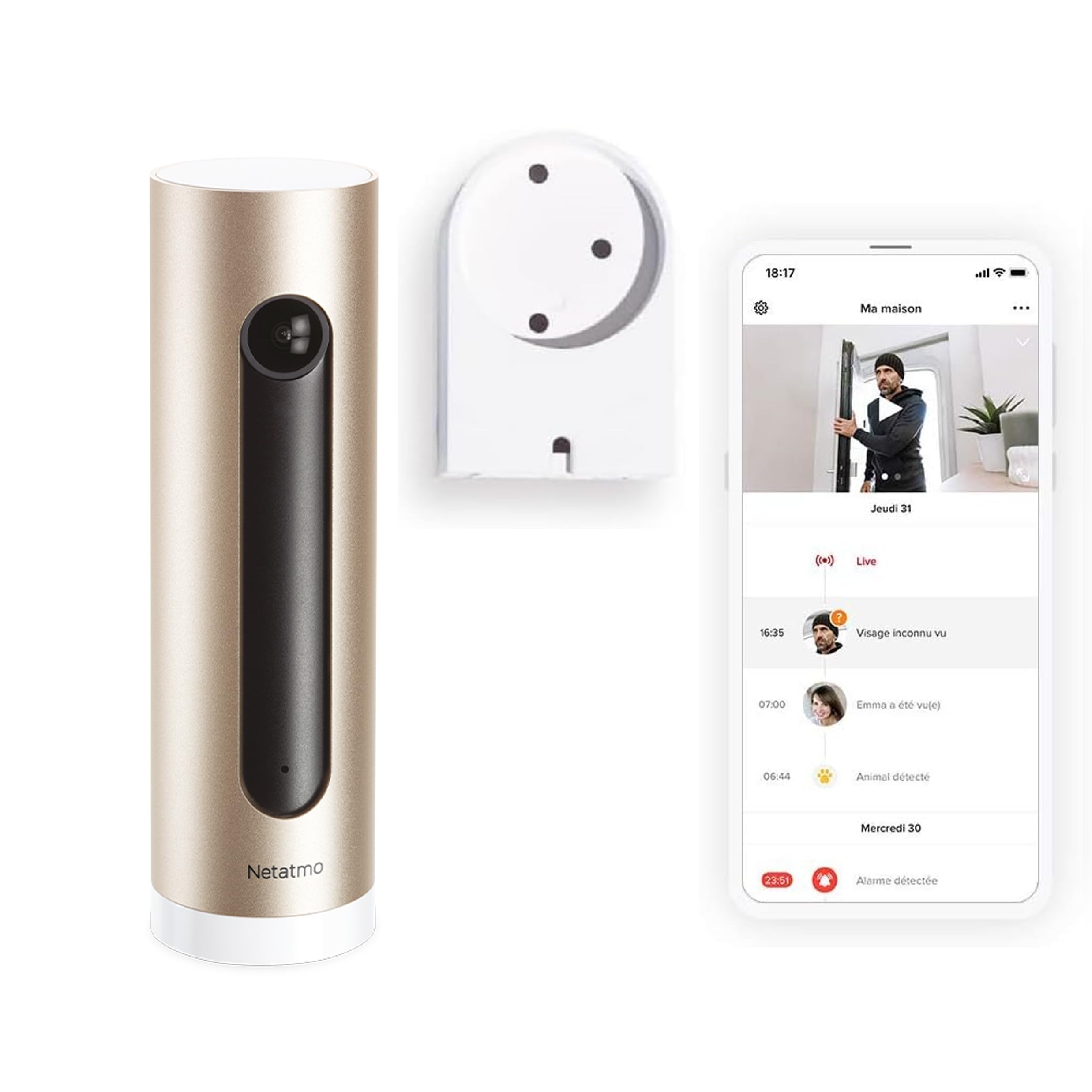 Caméra de Surveillance Intérieure Netatmo NSC-AMZ, - Support Mural, WiFi 2,4 GHz, Détection des Mouvements, Vision Nocturne