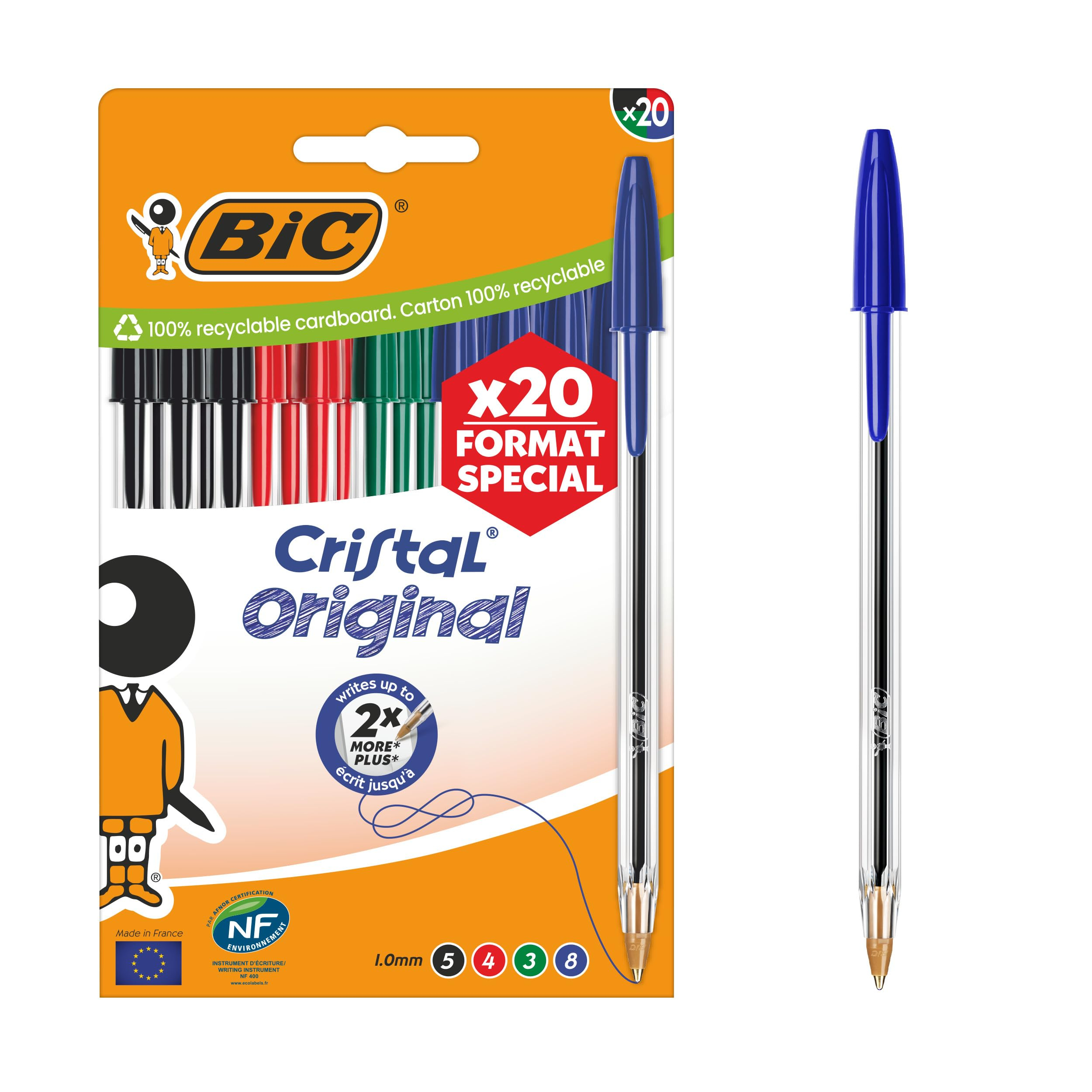 Lot de 20 Stylos-Bille BIC Cristal Original Pointe Moyenne (1,0 mm)