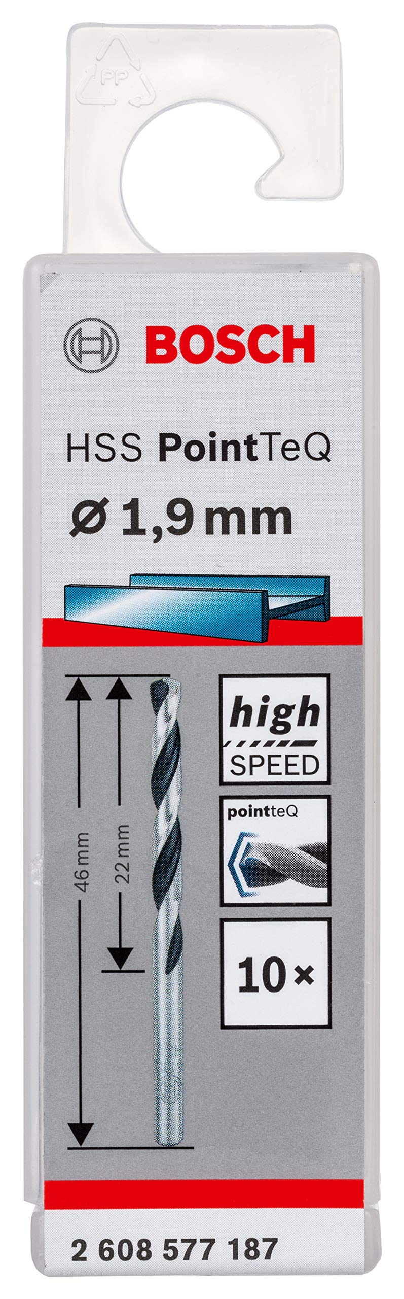 Lot de 10 forets hélicoïdaux HSS PointTeQ Bosch Professional - Pour métal, 1,9 x 22 x 46 mm