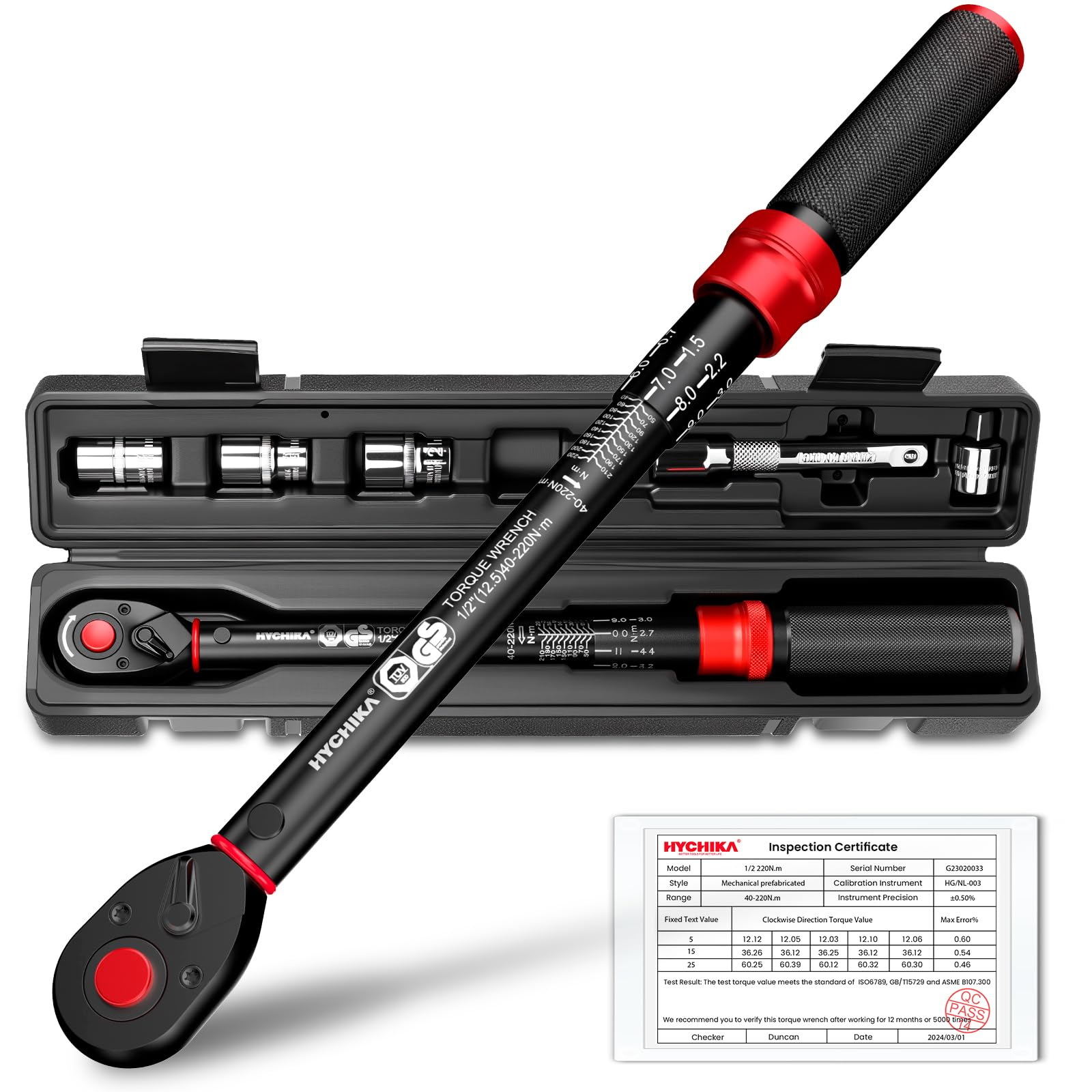 Clé Dynamométrique Hychika - 1/2", 40-220 Nm, Adaptateur 3/8", avec Prolongateur & Douilles
