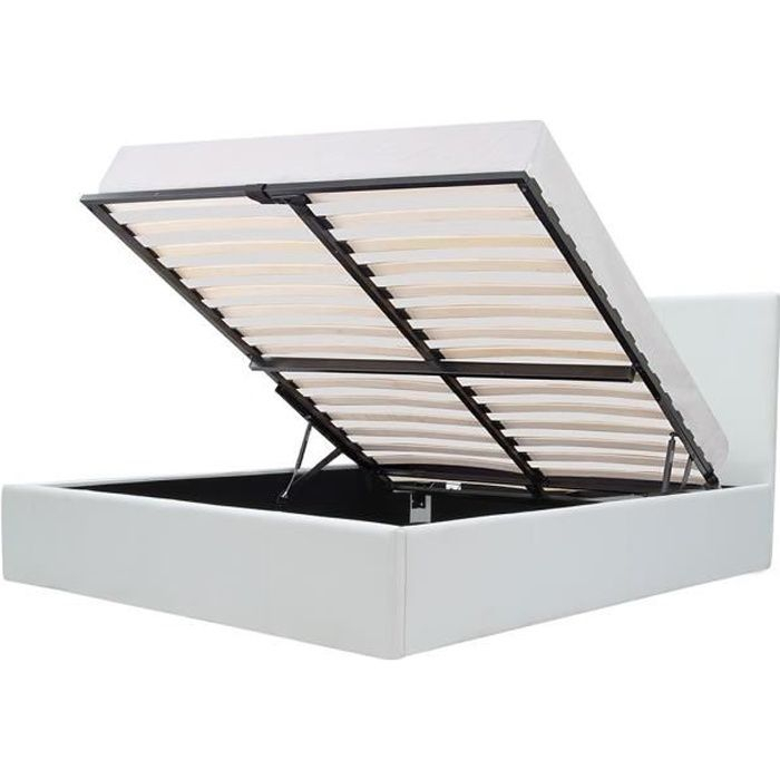 Lit coffre Martin - 140 x 190 cm, Tête de lit et Sommier inclus, Simili Blanc