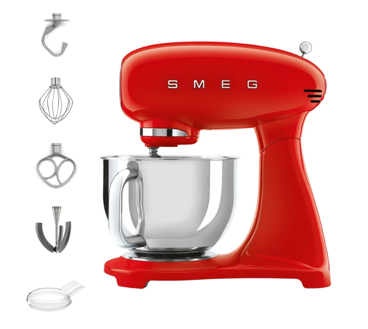 Robot pâtissier Smeg SMF03RDEU Rouge - Bol Inox 4.8L, Moteur à transmission directe, 800W, 10 positions, Accessoires