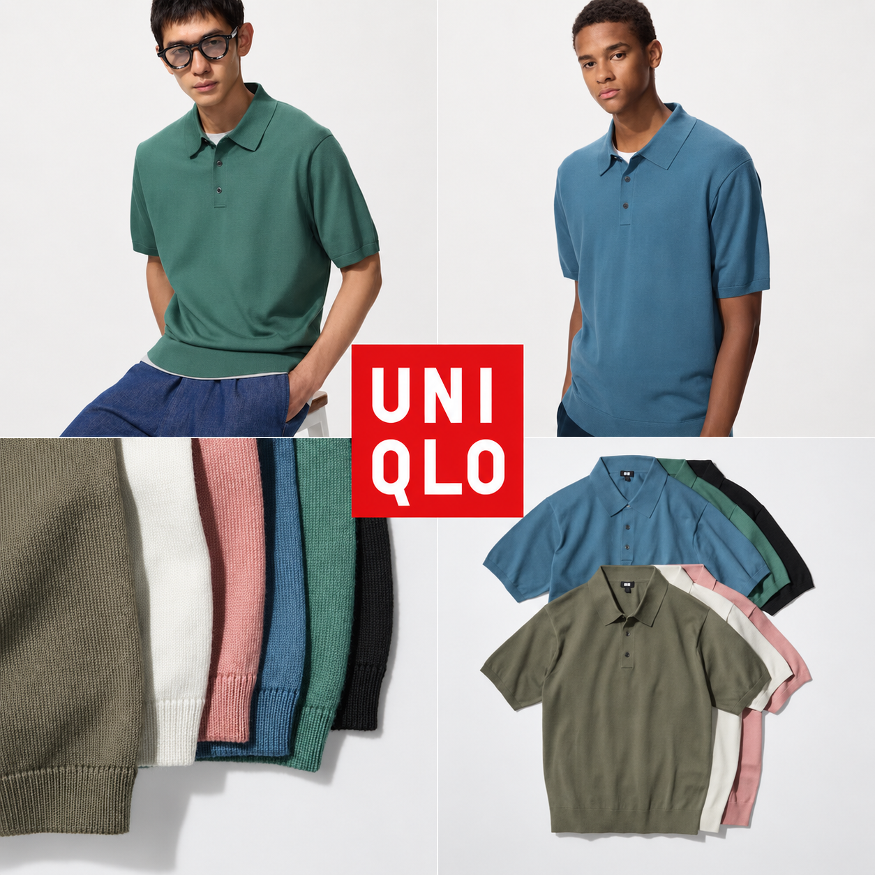 Polo en Maille Uniqlo - Manches courtes, lavable en machine, Tailles XS à 3XL, coloris vert ou bleu