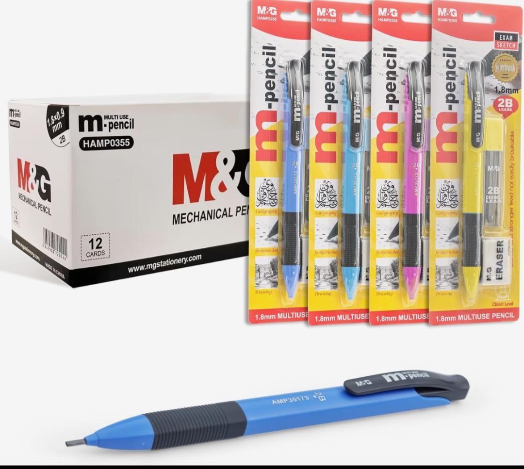 Lot de 12 porte-mines M&G - 1,8 mm avec 12 mines 2B et 12 gommes