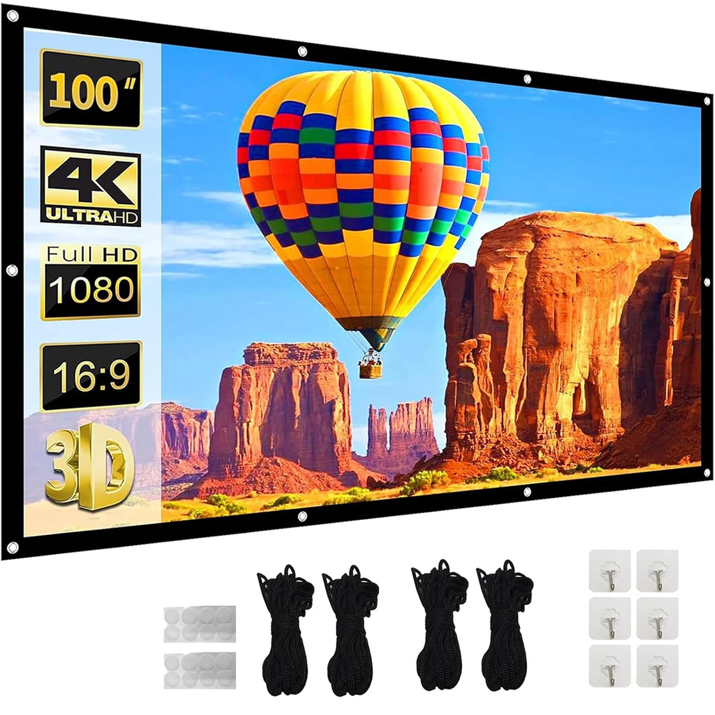 Écran de projection XBJ - 100", 16:9, 220 x 142cm, pliable anti-froissage HD 4K, Angle de vision large de 160°, Cordes et crochets