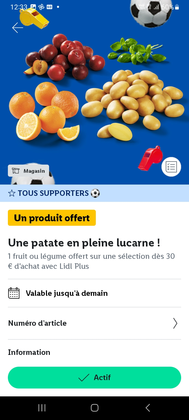 [Lidl plus] Un fruit ou légumes offert dès 30€ (via App)