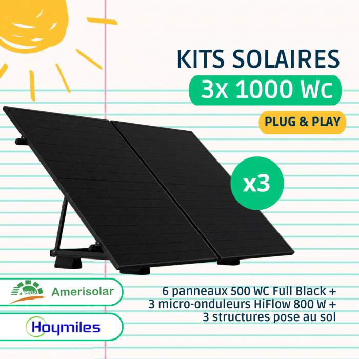 Kit solaire Plug & Play UpWatt 3000 Wc - 6 panneaux Amerisolar 500 Wc, 3 micro-onduleurs Hoymiles 800 W, structures au sol, suivi Wi-Fi