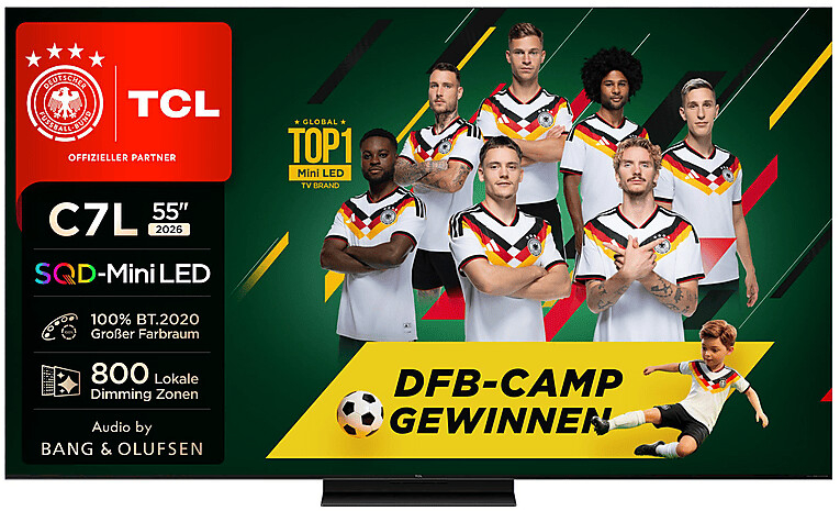 TV 55" TCL 55C7L 4K SQD-Mini LED - 144Hz VRR 288Hz, 2700 nits, 800 zones, Audio Bang & Olufsen, Google TV