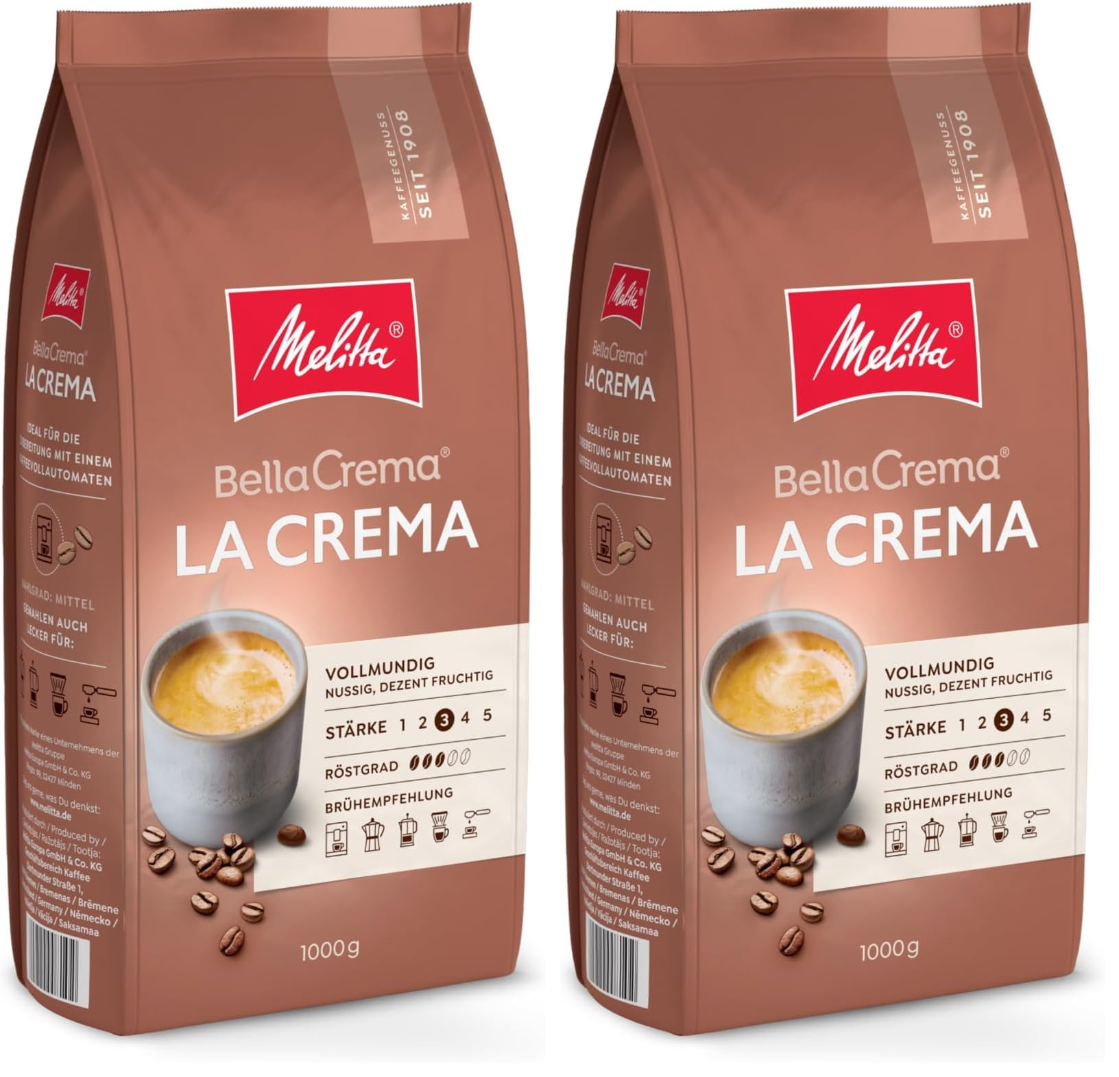 Lot de 2 Paquets d'1 Kg de Café en Grain Melitta BellaCrema La Crema