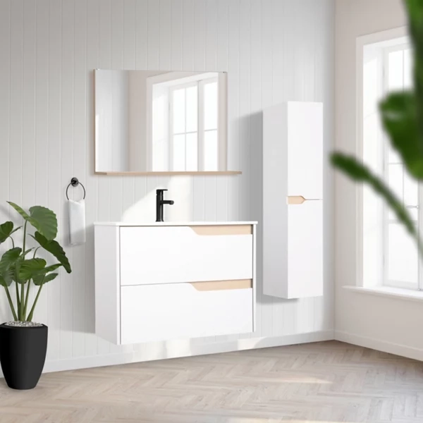 Ensemble meuble de salle de bain suspendu + vasque + miroir Tolima - Blanc Mat / Bois, L. 60 cm