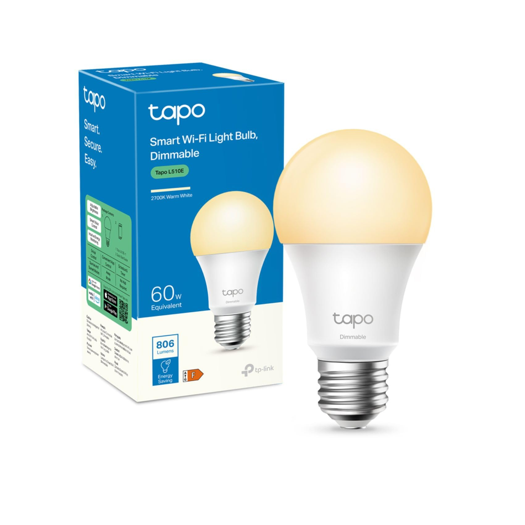Ampoule Connectée Tapo - Alexa E27, Blanc Chaud LED Dimmable L510E